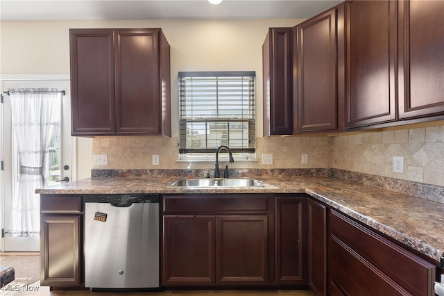 kitchen featuring tasteful backsplash, sink, and stainless steel dishwasher