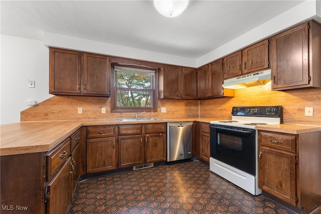 kitchen with stainless steel dishwasher, white electric range, sink, and backsplash