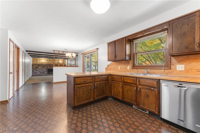 kitchen with plenty of natural light, kitchen peninsula, sink, and stainless steel dishwasher