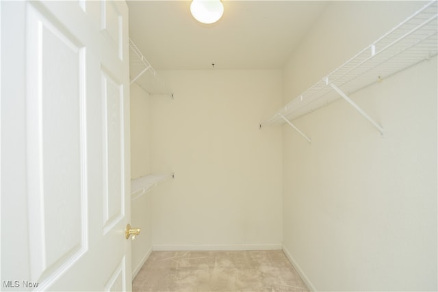 walk in closet with light carpet