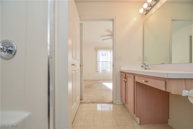 bathroom with vanity, tile patterned flooring, and ceiling fan