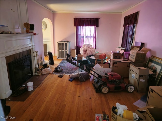 living room featuring ornamental molding, a fireplace, and hardwood / wood-style floors