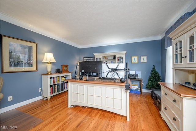 office featuring light hardwood / wood-style floors, crown molding, and a textured ceiling