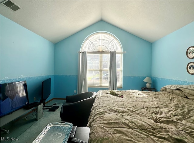 carpeted bedroom with a textured ceiling and vaulted ceiling