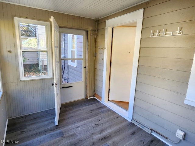 doorway with wood walls and wood-type flooring