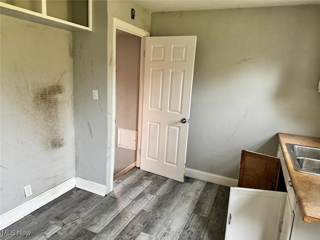 unfurnished bedroom featuring sink and dark hardwood / wood-style flooring