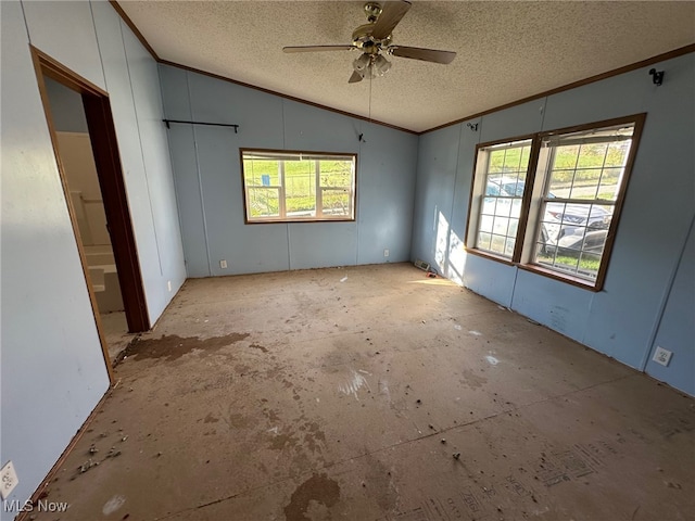 unfurnished bedroom featuring lofted ceiling, a textured ceiling, and multiple windows