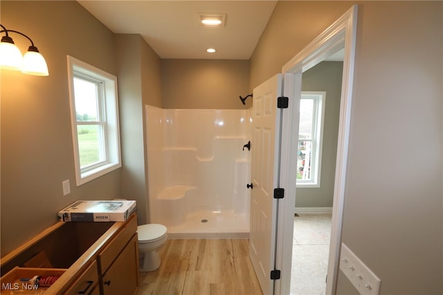 bathroom featuring toilet, vanity, a shower, and wood-type flooring