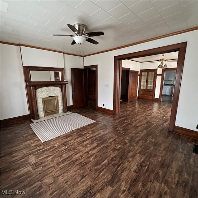 unfurnished living room with ornamental molding, ceiling fan, and dark hardwood / wood-style flooring