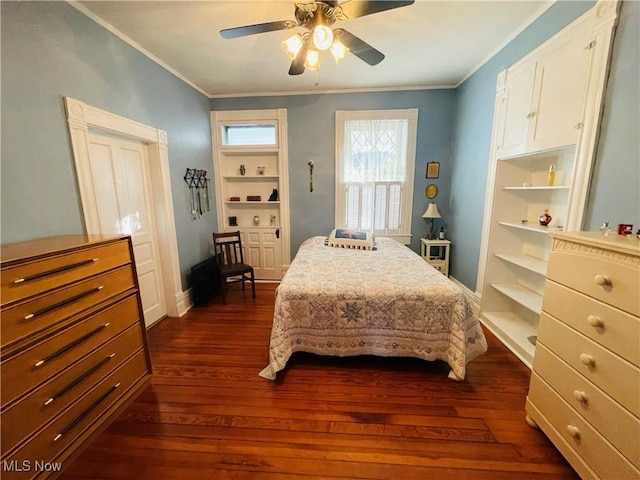 bedroom featuring ceiling fan, crown molding, and dark hardwood / wood-style floors