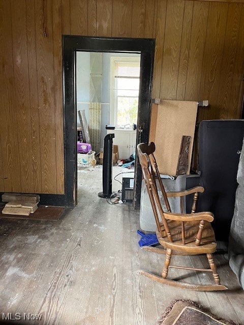 interior space with hardwood / wood-style flooring and wood walls