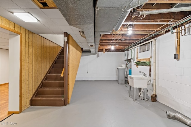 basement featuring wooden walls and sink