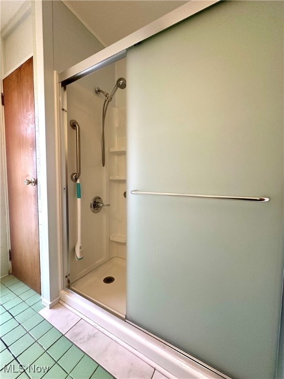 bathroom featuring a shower with shower door and tile patterned flooring