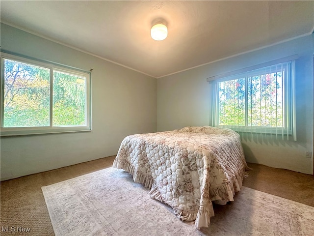 carpeted bedroom featuring crown molding