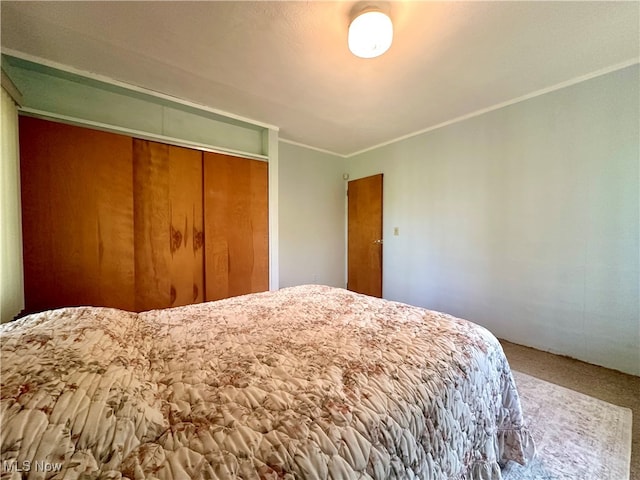 carpeted bedroom with a closet and crown molding