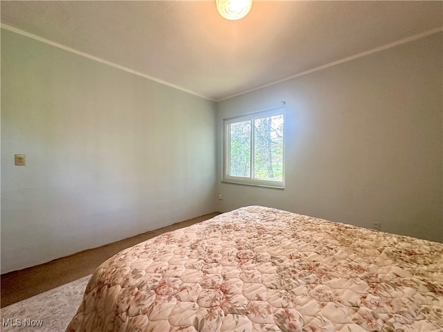 bedroom with crown molding and carpet flooring