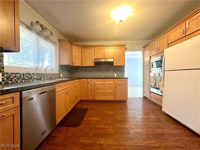 kitchen with tasteful backsplash, stainless steel appliances, sink, and dark hardwood / wood-style flooring