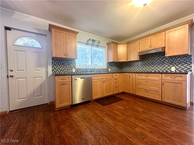 kitchen with dishwasher, dark hardwood / wood-style floors, backsplash, and plenty of natural light