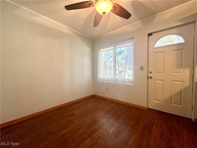 foyer entrance with dark wood-type flooring, a healthy amount of sunlight, and ceiling fan