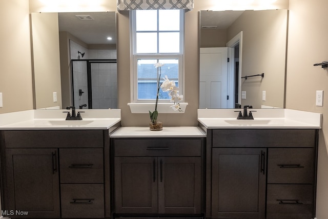 bathroom with vanity and a shower with shower door