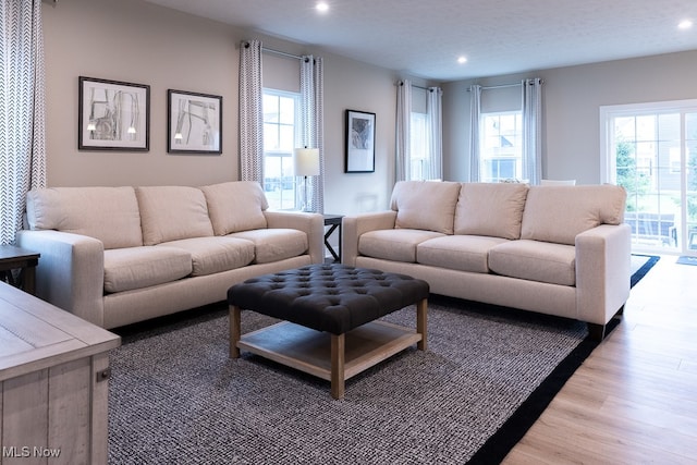 living room with a textured ceiling and light wood-type flooring