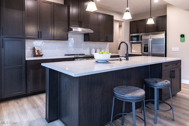 kitchen with appliances with stainless steel finishes, light hardwood / wood-style flooring, pendant lighting, and an island with sink