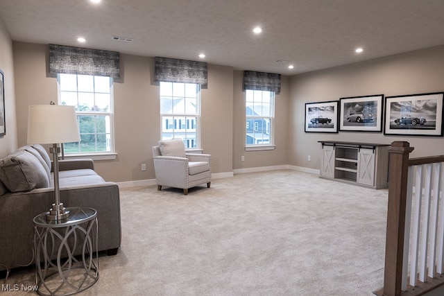 sitting room with light carpet and a textured ceiling