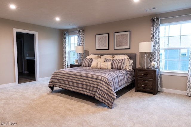 carpeted bedroom with multiple windows