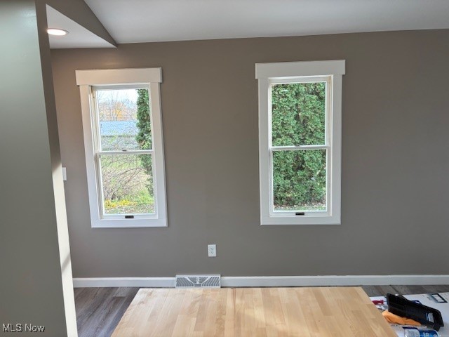 spare room with a wealth of natural light and dark hardwood / wood-style flooring