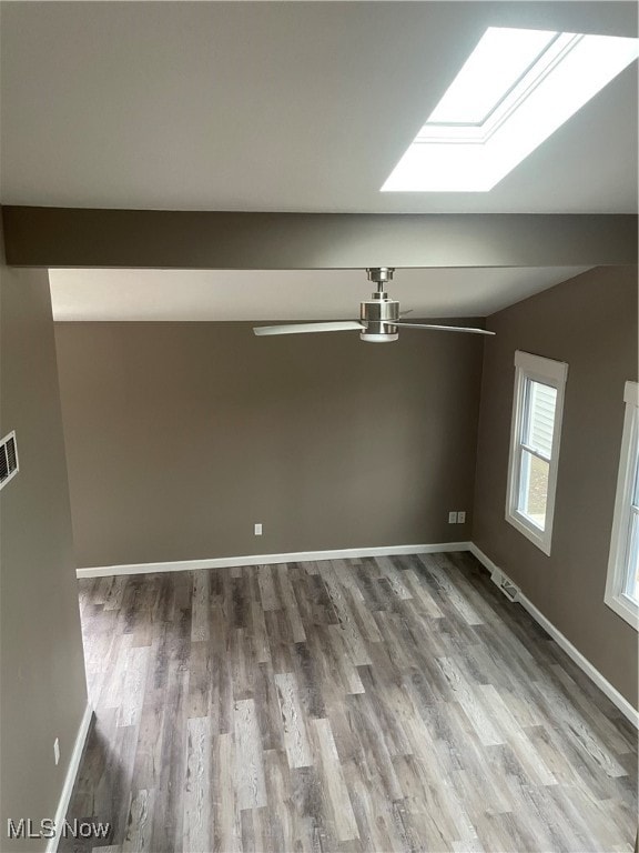 unfurnished room featuring light hardwood / wood-style flooring and a skylight