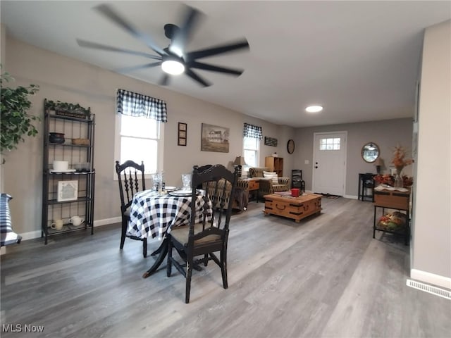 dining room with ceiling fan and hardwood / wood-style flooring