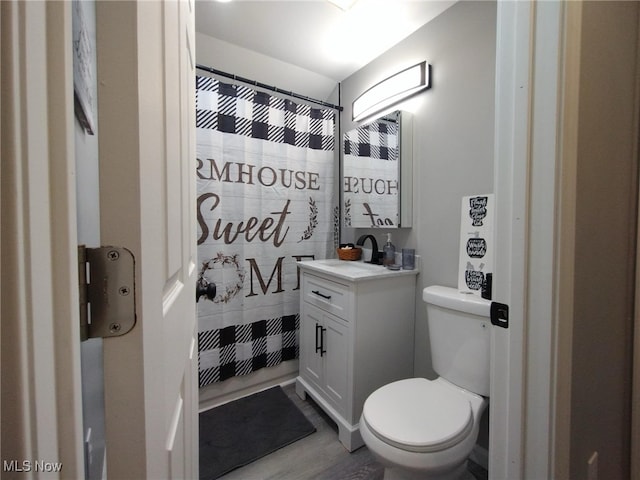 bathroom with vanity, hardwood / wood-style flooring, and toilet