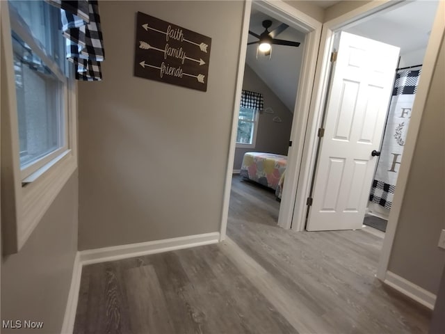 corridor with hardwood / wood-style floors and lofted ceiling