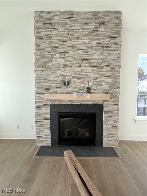 details featuring wood-type flooring and a large fireplace