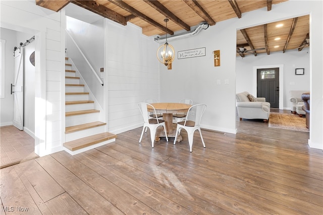 dining room with wood ceiling and wood-type flooring