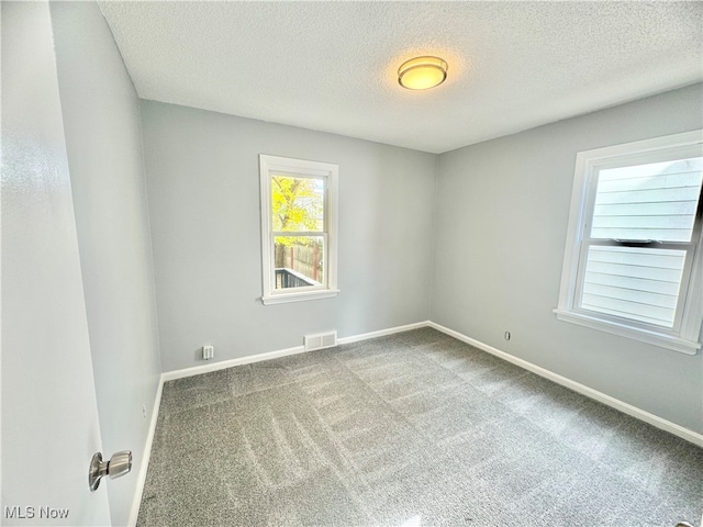 empty room featuring a textured ceiling and carpet floors