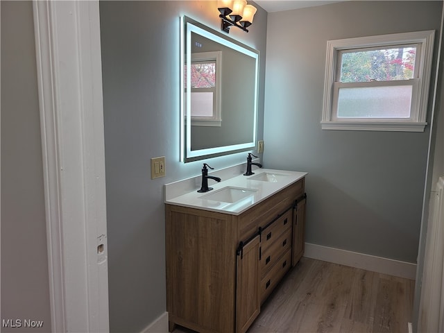 bathroom with vanity and hardwood / wood-style flooring