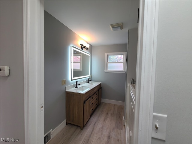 bathroom featuring vanity and hardwood / wood-style flooring