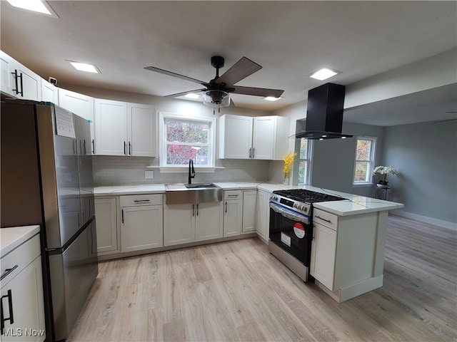 kitchen with a healthy amount of sunlight, appliances with stainless steel finishes, kitchen peninsula, and ventilation hood