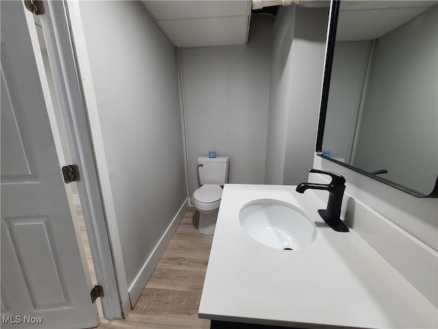 bathroom with vanity, a drop ceiling, wood-type flooring, and toilet