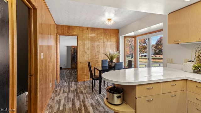 kitchen with light brown cabinets, wood walls, dark hardwood / wood-style floors, and kitchen peninsula