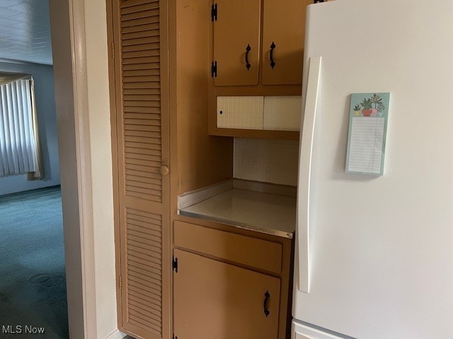 room details with carpet and white refrigerator