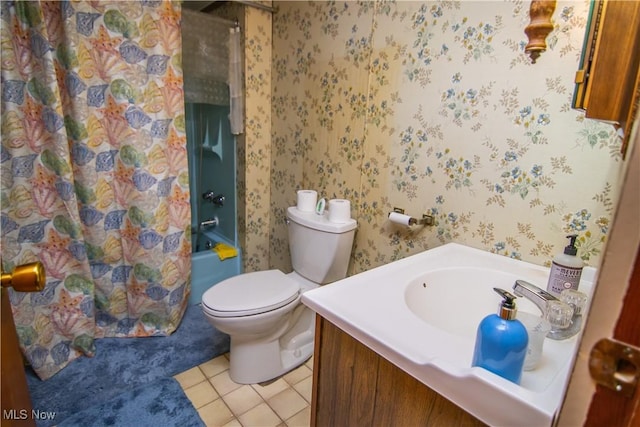 bathroom featuring shower / tub combo with curtain, toilet, vanity, tile patterned flooring, and wallpapered walls