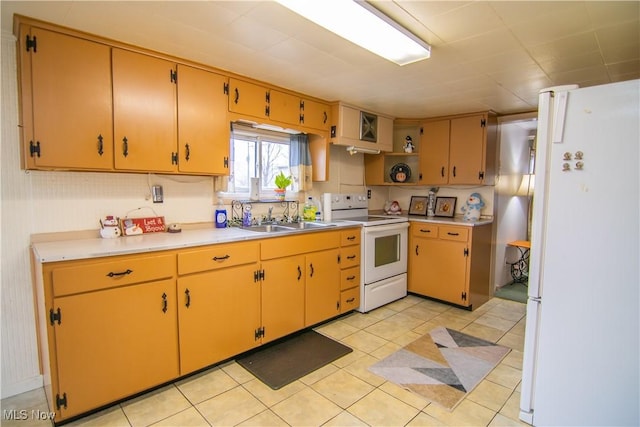 kitchen with light tile patterned flooring, white appliances, a sink, light countertops, and open shelves