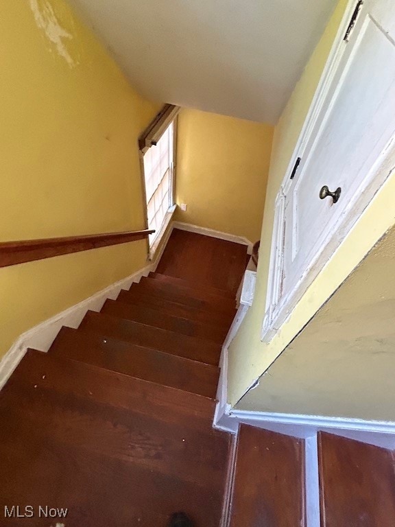 stairway featuring hardwood / wood-style flooring