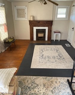 living room featuring ceiling fan and dark hardwood / wood-style floors