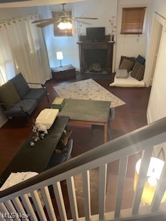 living room with ceiling fan and dark hardwood / wood-style flooring