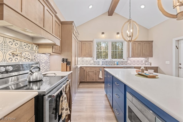 kitchen featuring backsplash, light hardwood / wood-style flooring, vaulted ceiling with beams, a notable chandelier, and stainless steel appliances