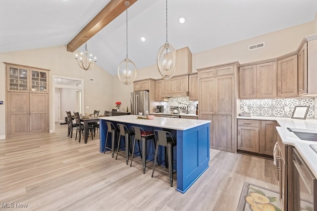 kitchen featuring stainless steel appliances, tasteful backsplash, beamed ceiling, a center island with sink, and light wood-type flooring