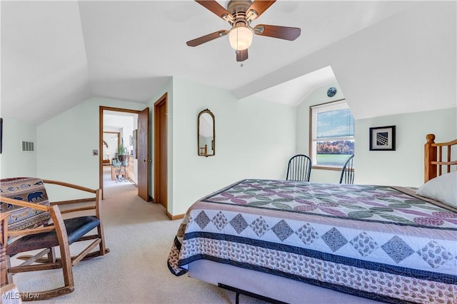 carpeted bedroom featuring ceiling fan and lofted ceiling